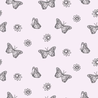 Kelebek ve papatya çiçeğinin dış hatları tek renkli, dikdörtgen desenli arka plan