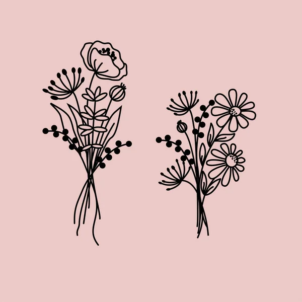 El yapımı kır çiçeği buketleri. Siyah ve beyaz karalamalar yabani çiçekler ve çim bitkileri. Tek renkli çiçek elementleri. — Stok Vektör