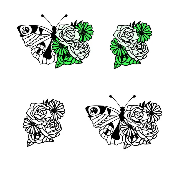 Kelebek tavus kuşu çizgisi ve çiçek süslemesi beyaz arka planda izole edilmiş — Stok Vektör
