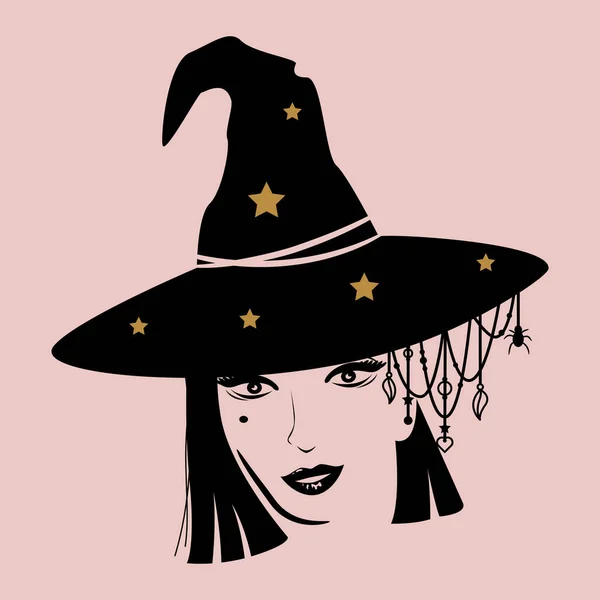 Basic witch Halloween t shirt design with girl in a witchy hat decorated with hanging pendants. — Stock Vector