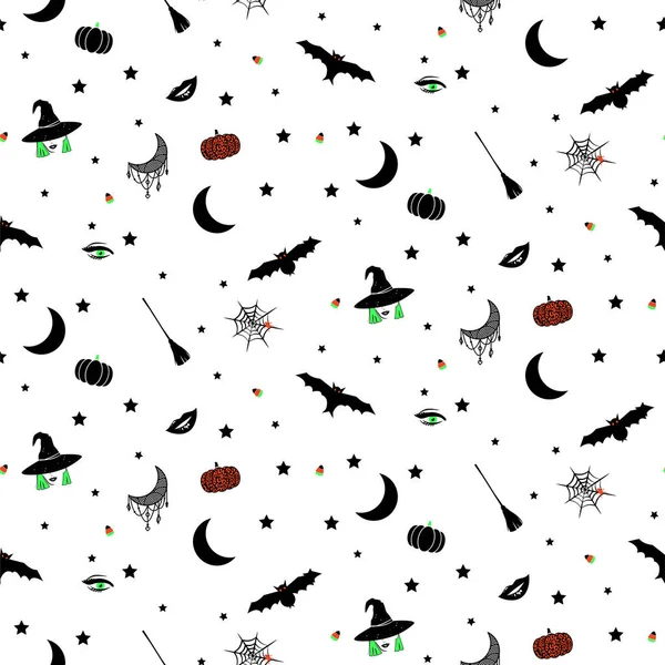 Iconos de Halloween sin costuras vector de fondo patrón con sombrero de bruja, murciélagos y red de araña. — Archivo Imágenes Vectoriales