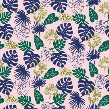 Pembe arka planda palmiye yaprakları olan kusursuz tropikal orman yeşil desenli arka plan