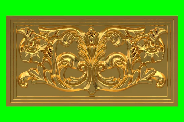 Modelos 3d de decorações de estuque dourado para o interior. Imagem isolada sobre fundo verde. Renderização 3d. — Fotografia de Stock