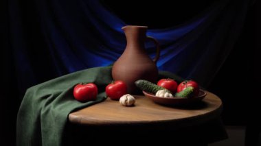 Çamurlu sürahi, domates, salatalık ve sarımsaklı bir hayat.