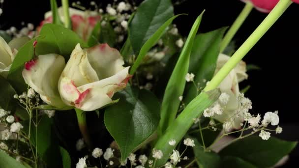 Bouquet of flowers on a black background. Red and white tulips and white roses. — Stock Video