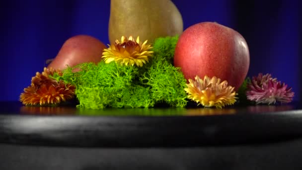 Skład gruszek, jabłek, mchu i żółtych kwiatów. — Wideo stockowe