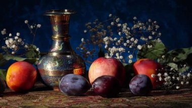 Meyvelerle dolu bir hayat. Üzüm, nektar, armut ve erik..