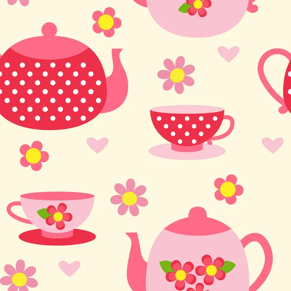 Seamless pattern with tea cups and pots — Stock Vector