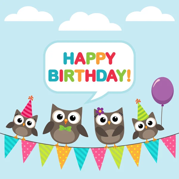 Mutlu doğum günü kartı ile baykuşlar — Stok Vektör