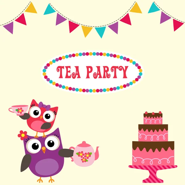 Tea party inbjudan med söta ugglor — Stock vektor