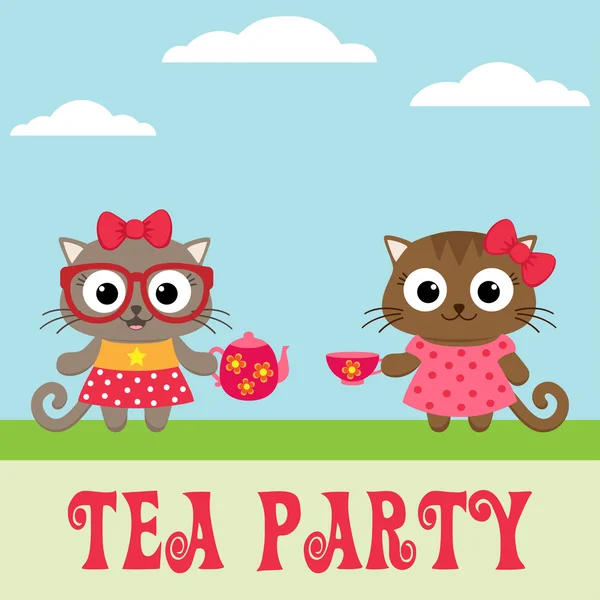 Sevimli kedicik kız ile çay partisi davetiyesi — Stok Vektör