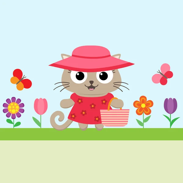 Primavera flor fondo con gatito — Archivo Imágenes Vectoriales