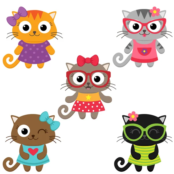 Lindo poco gato niñas usando vestidos — Vector de stock