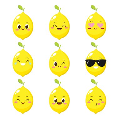 Komik suratlı limon karakteri. Mutlu şirin çizgi film limon emoji seti. Komik narenciye simgesi. Sağlıklı vejetaryen gıda karakteri çizimi
