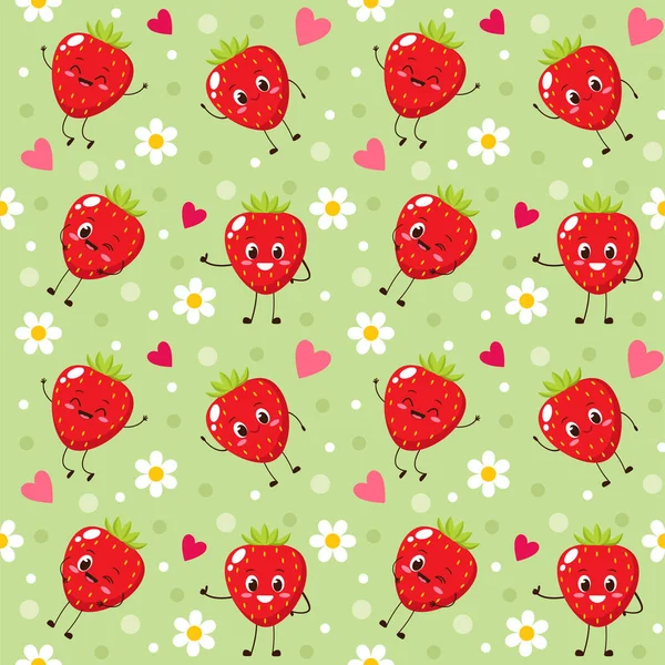 Seamless Pattern Happy Strawberry Design Kids Smiling Strawberry Wrapping Scapbook — Stock Vector