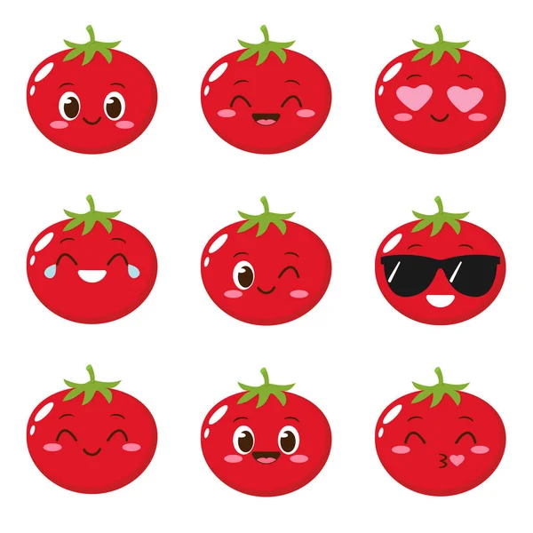 Sevimli Mutlu Kırmızı Domates Karakteri Düz Şekilli Komik Sebze Ifadeleri — Stok Vektör