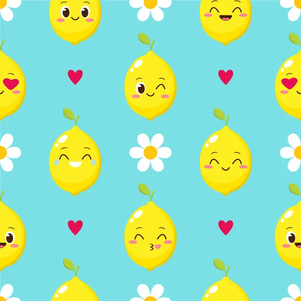 幸せなレモンとシームレスなパターン笑顔のレモンと子供のためのデザイン 漫画の果物 保育園のパターンベクトル図と包装やスクラップブックの紙 ストックイラスト