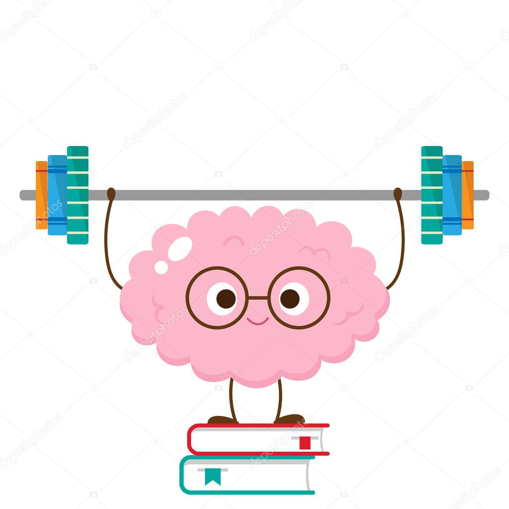 Cartoon brain lifting barbell make of books. Funny brain workout print poster. Mind exercise, memory, willpower and concentration training vector illustration