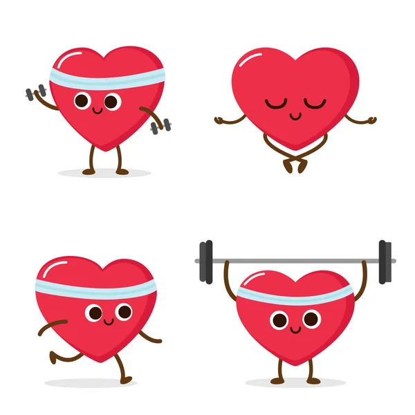 Corazón Rojo Dibujos Animados Corriendo Pesas Levantando Pesas Meditando Ejercicio — Vector de stock