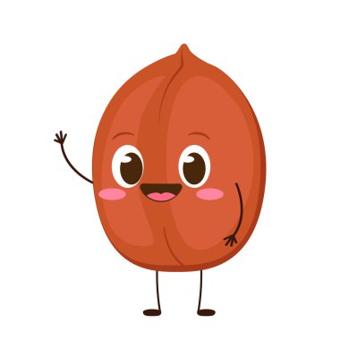 Sevimli, mutlu fıstık karakteri. Düz şekilli komik fındık ifadesi. Çizgi film kahverengi fıstık vektör çizimi