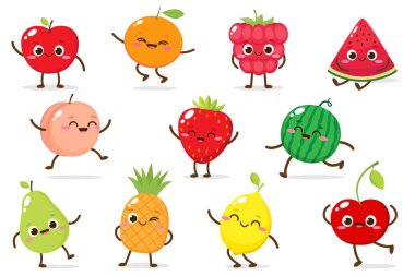 Şirin çizgi film elması, ahududu, çilek, karpuz, ananas, şeftali, portakal, armut, kiraz ve limon. Çizgi film karakteri seti. Düz stilde komik bir ifade. Gıda emoji vektör illüstrasyonu