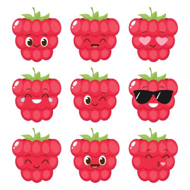 Sevimli kırmızı ahududu karakter seti. Düz şekilli komik böğürtlen ifadesi. Çizgi film meyve emoji vektör çizimi