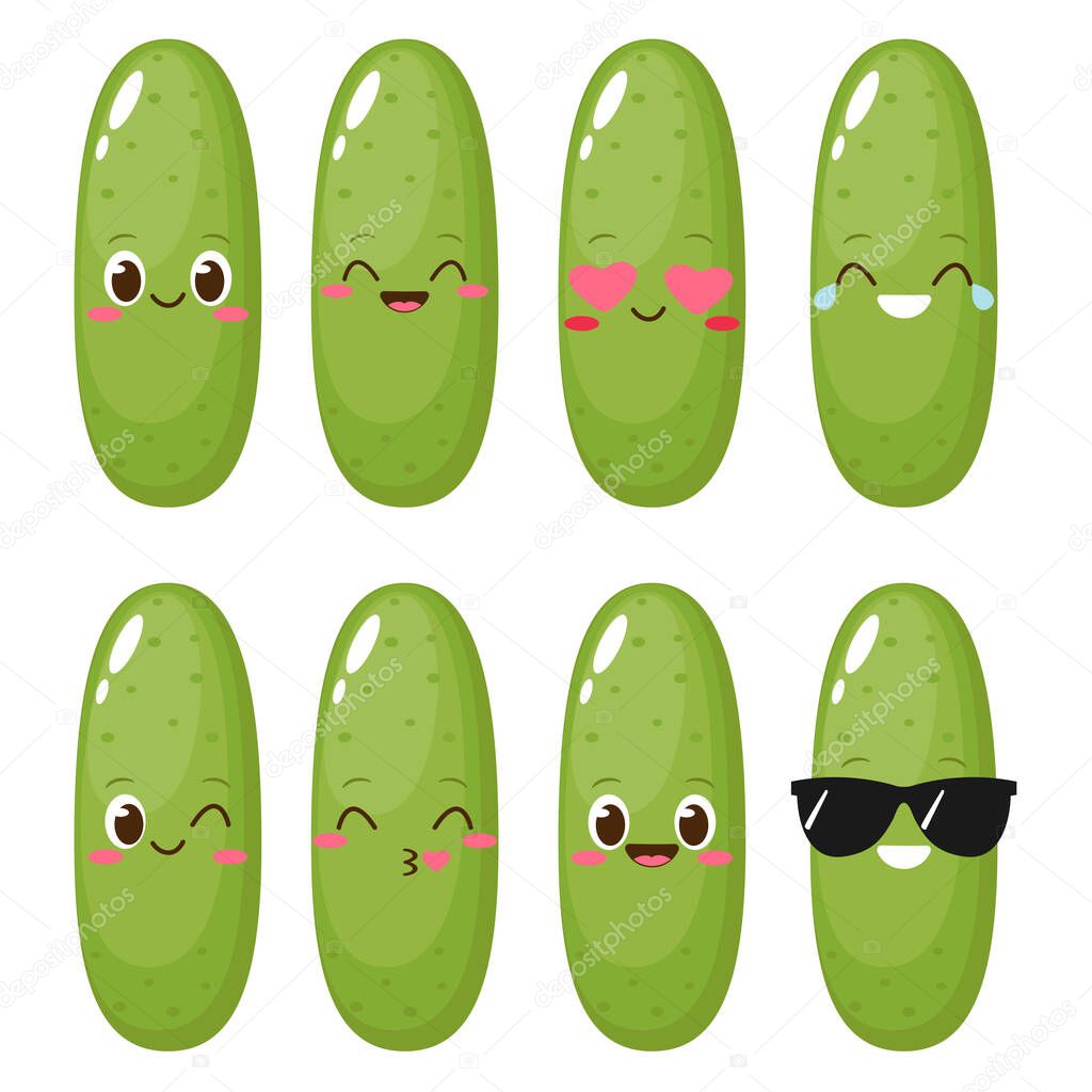 Cute happy cucumber character set. Cartoon pickle funny emoticon in flat style. Vegetable emoji vector illustration