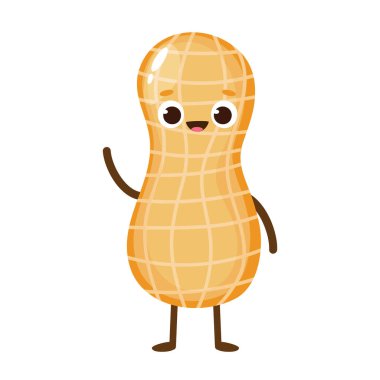 Sevimli, mutlu fıstık karakteri. Düz şekilli komik fındık ifadesi. Fıstık kabuklu emoji vektör çizimi. Sağlıklı vejetaryen yemekleri