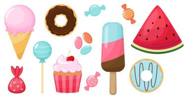 Çizgi film şekerleri ve şekerler. Icecream, cupcake, donut, lolipop, şeker vektörü illüstrasyonu
