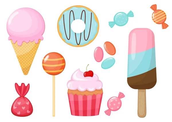 Conjunto Doces Desenhos Animados Doces Icecream Cupcake Donut Pirulito Ilustração Gráficos Vetores