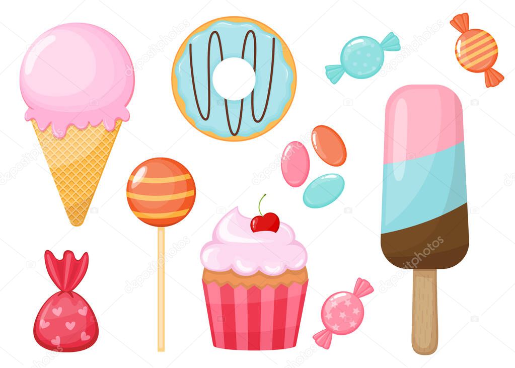 Set of cartoon sweets and candies. Icecream, cupcake, donut, lollipop, candy vector illustration
