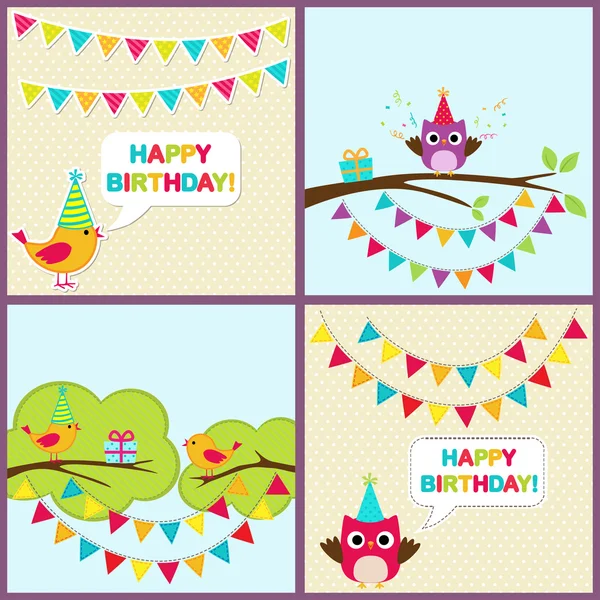 Tarjetas de cumpleaños vectoriales con pájaros — Vector de stock