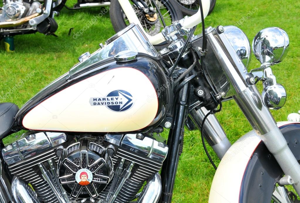 NOTTINGHAM, UK. JUNE 1, 2014: Detail of a vintage Harley Davidson motorbike for sale in Nottingham, England.