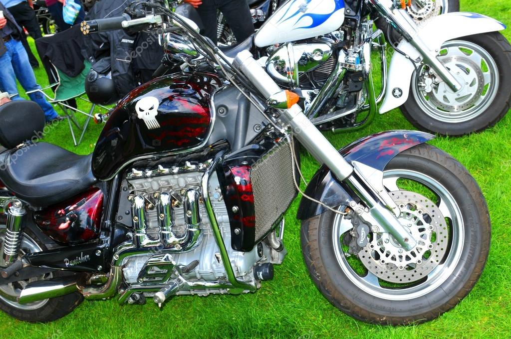 NOTTINGHAM, UK. JUNE 1, 2014: Detail of a Triumph vintage motorbike for sale in Nottingham, England.