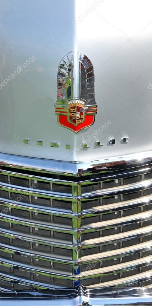 NOTTINGHAM, UK. JUNE 1, 2014: Close up of logo of a Cadillac vintage car for sale in Nottingham, England.
