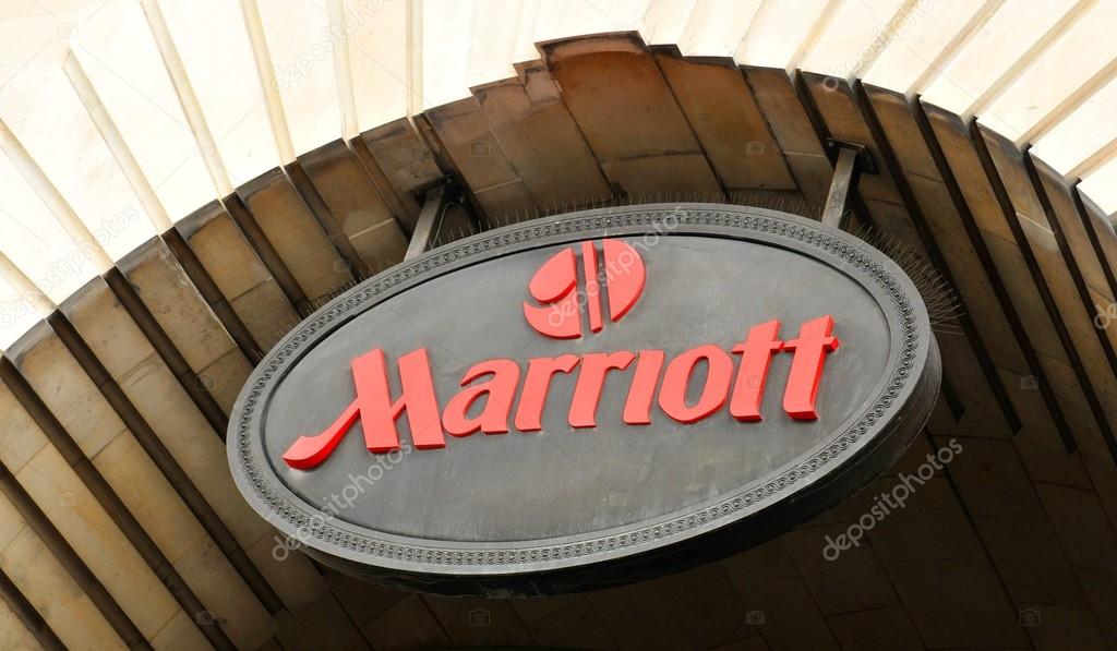 LONDON, UK - JULY 9, 2014: Close up of the logo of the hotel chain Marriott in London.