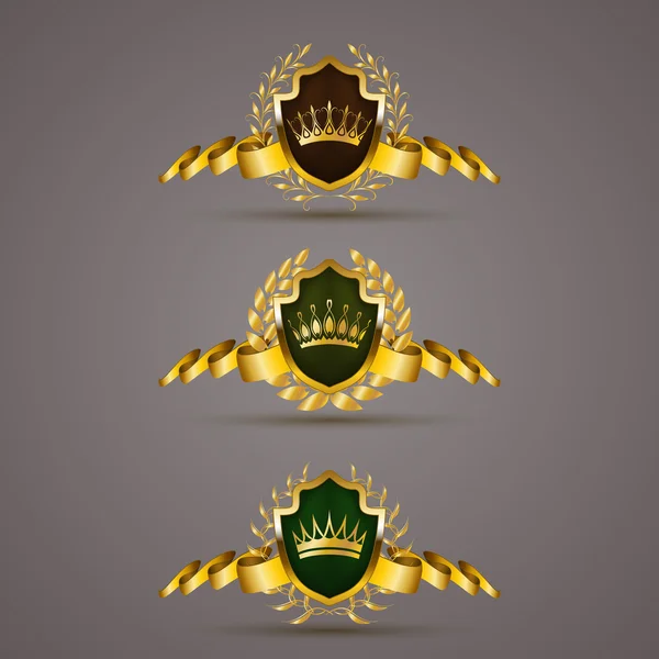 Escudos dorados con corona de laurel — Vector de stock