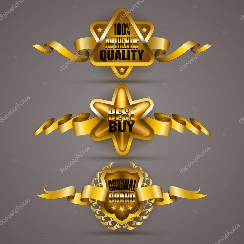 Set of luxury gold badges with laurel wreath, crown, ribbons. 100 percent authentic quality, best buy, original brand. Promotion emblems, icon, label, medal, blazon for web, page design. Illustration