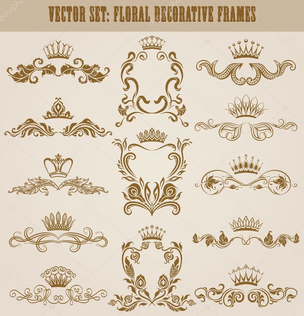 Set of gold monograms for graphic design. Royal graceful frames, filigree borders, golden crowns, decorative floral elements in vintage style for wedding invitations, gift cards, logo. Vector