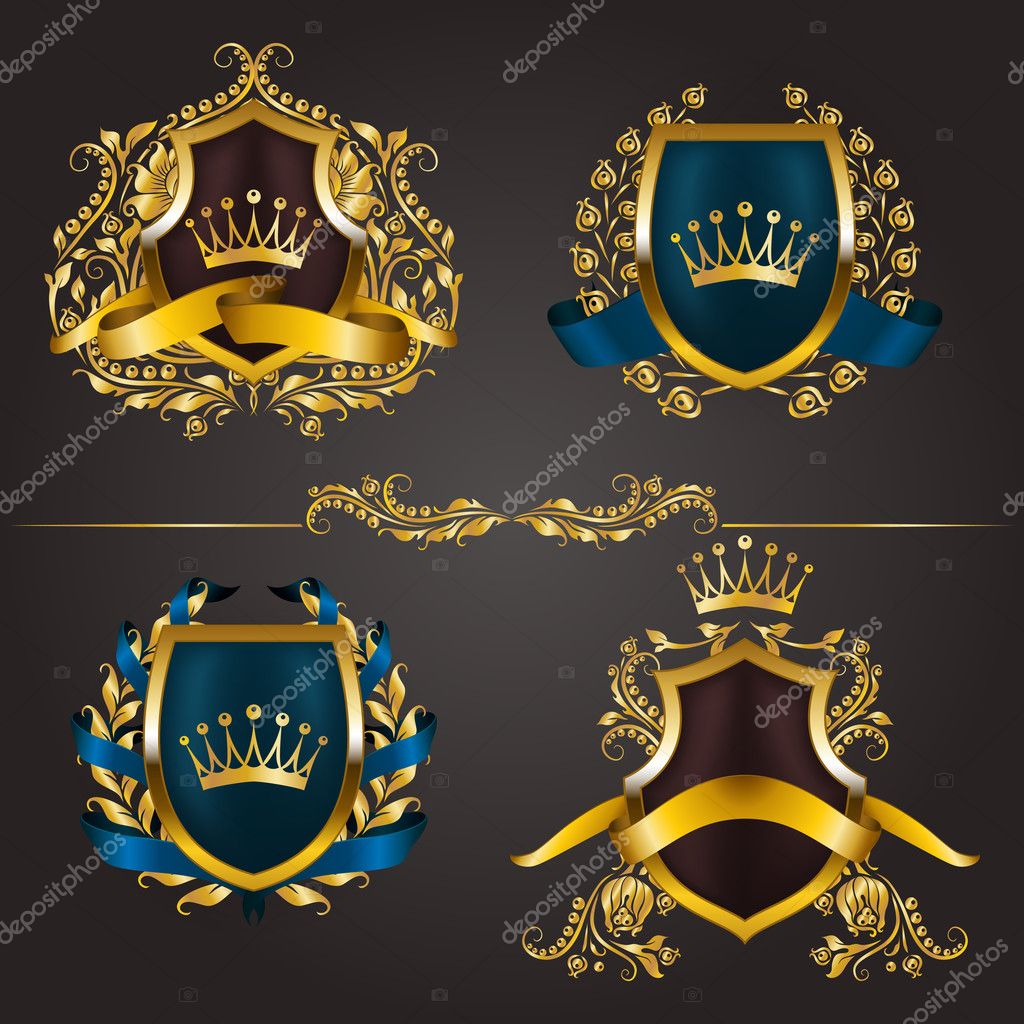 Set of golden royal shields for graphic design on background. Old frame, border, crown, floral element, ribbon, laurel wreath in vintage style for icon, label, emblem, badge, logo. Illustration EPS10