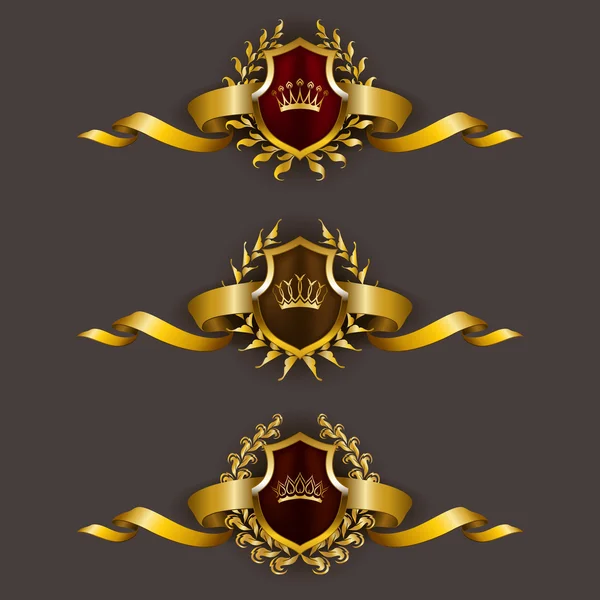 Escudos dorados con corona de laurel — Vector de stock