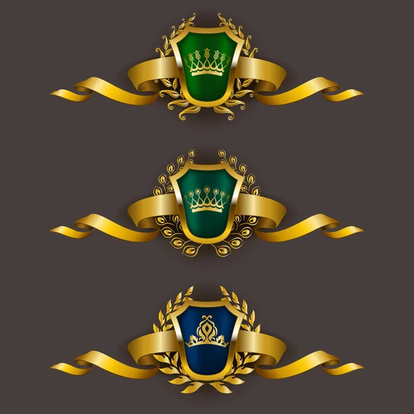 Escudos dorados con corona de laurel — Vector de stock