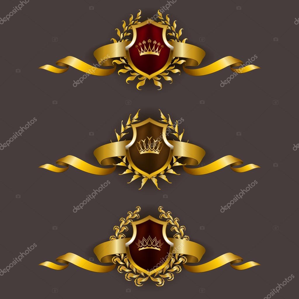 Set of luxury golden shields with laurel wreaths, crowns and ribbons