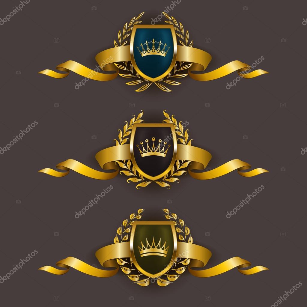 Set of luxury golden shields with laurel wreaths, crowns and ribbons