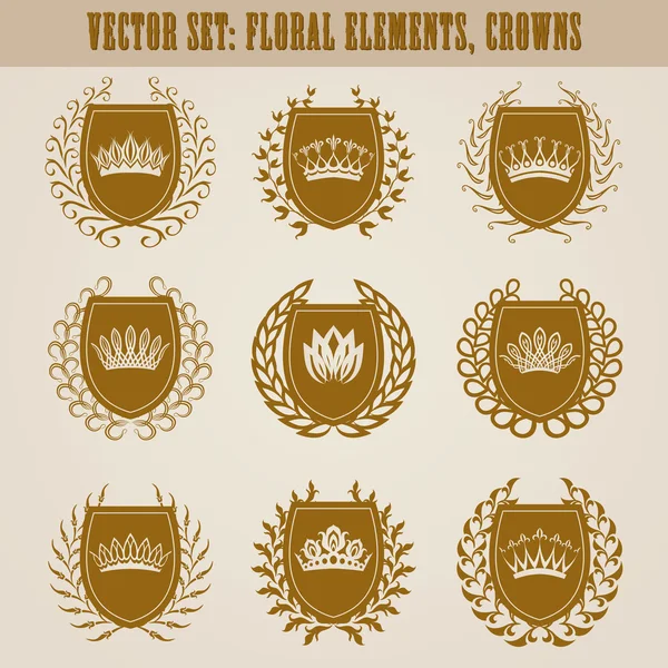 Shields with laurel wreaths, crowns — Stock Vector