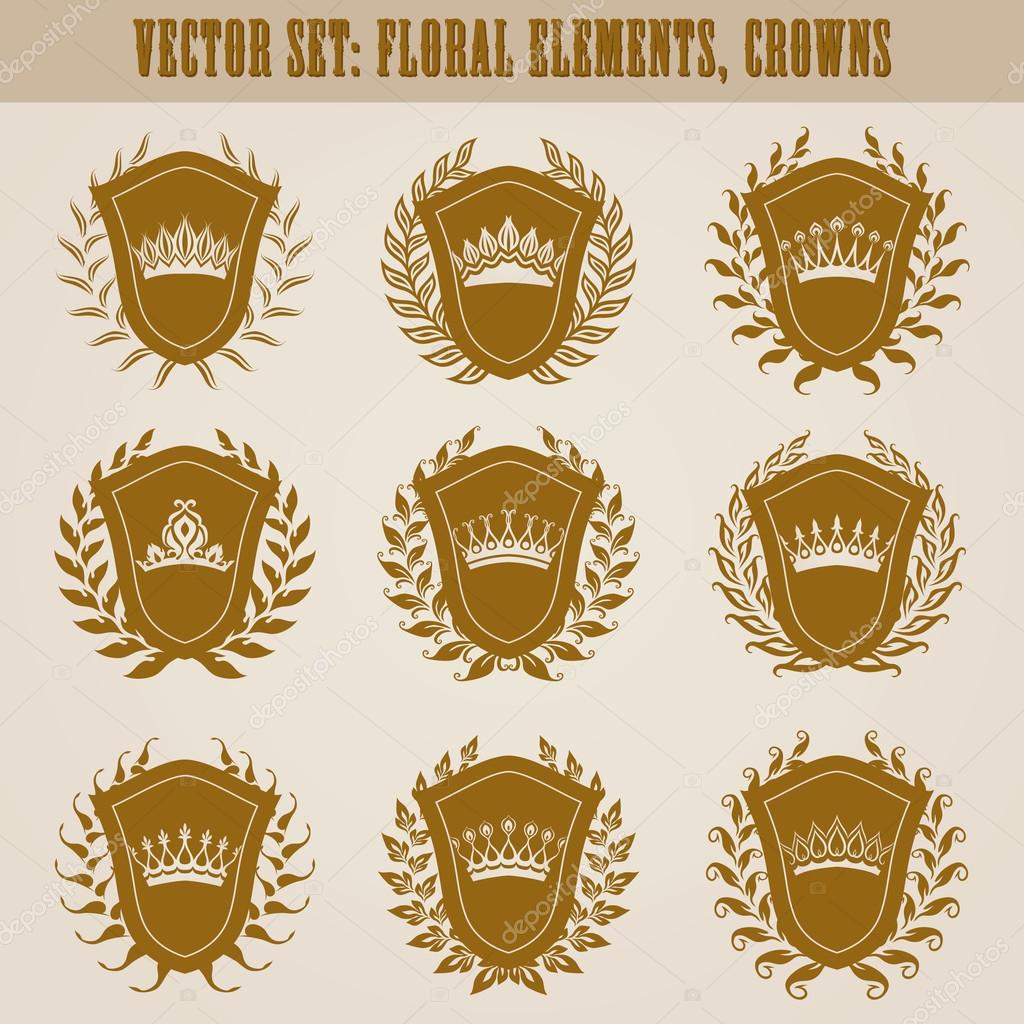 Set of luxury golden vector shields with laurel wreaths, crowns. Royal heraldic element, emblem, icon, symbol, label, badge, blazon for web, page design. Vector illustration.