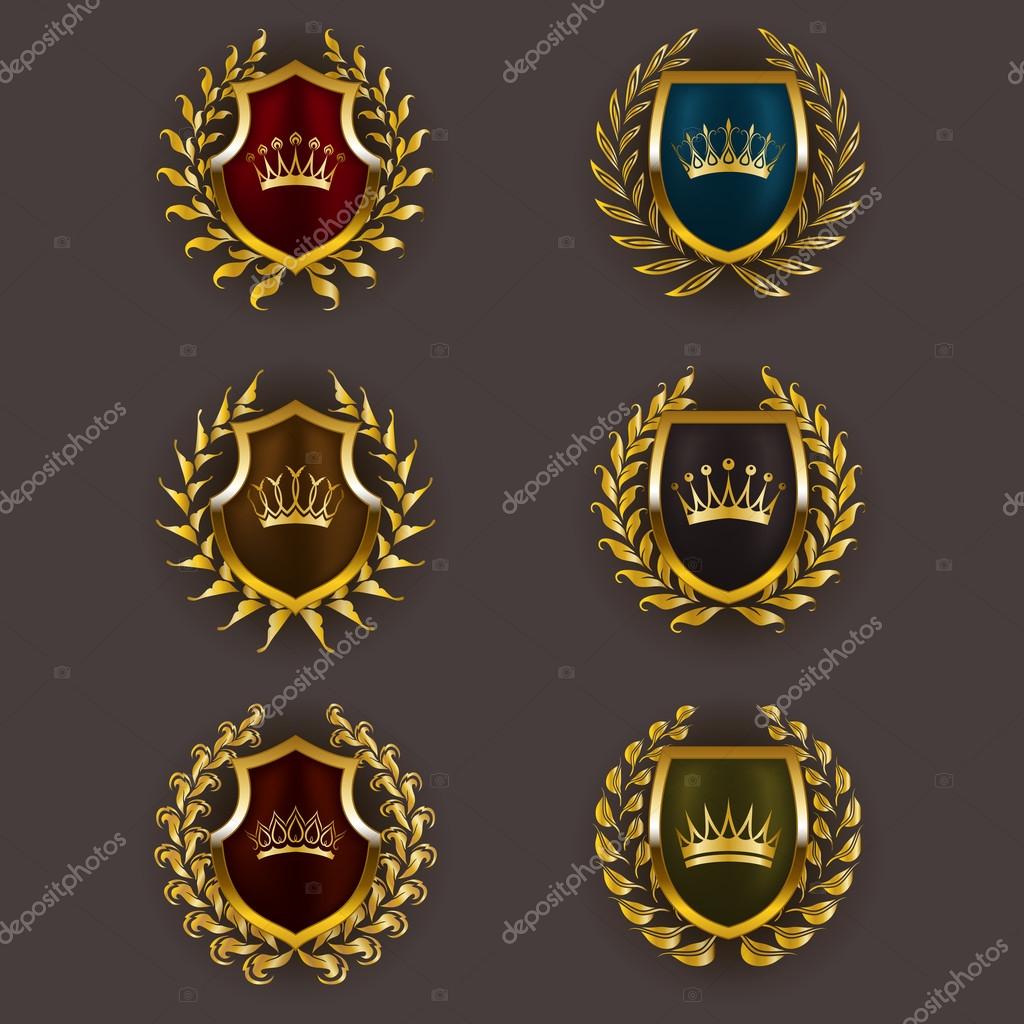 Set of luxury golden vector shields with laurel wreaths, crowns. Royal heraldic emblem, icons, label, badge, blazon for web, page design. Vector illustration EPS 10.