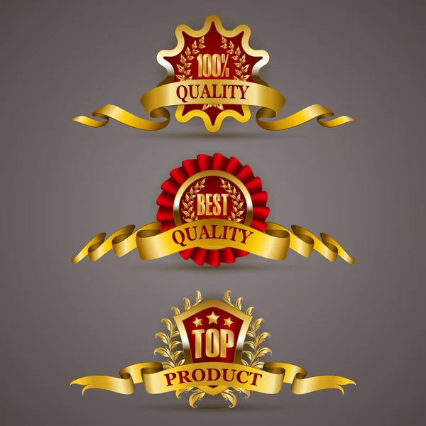 Insignias de oro con corona de laurel — Vector de stock