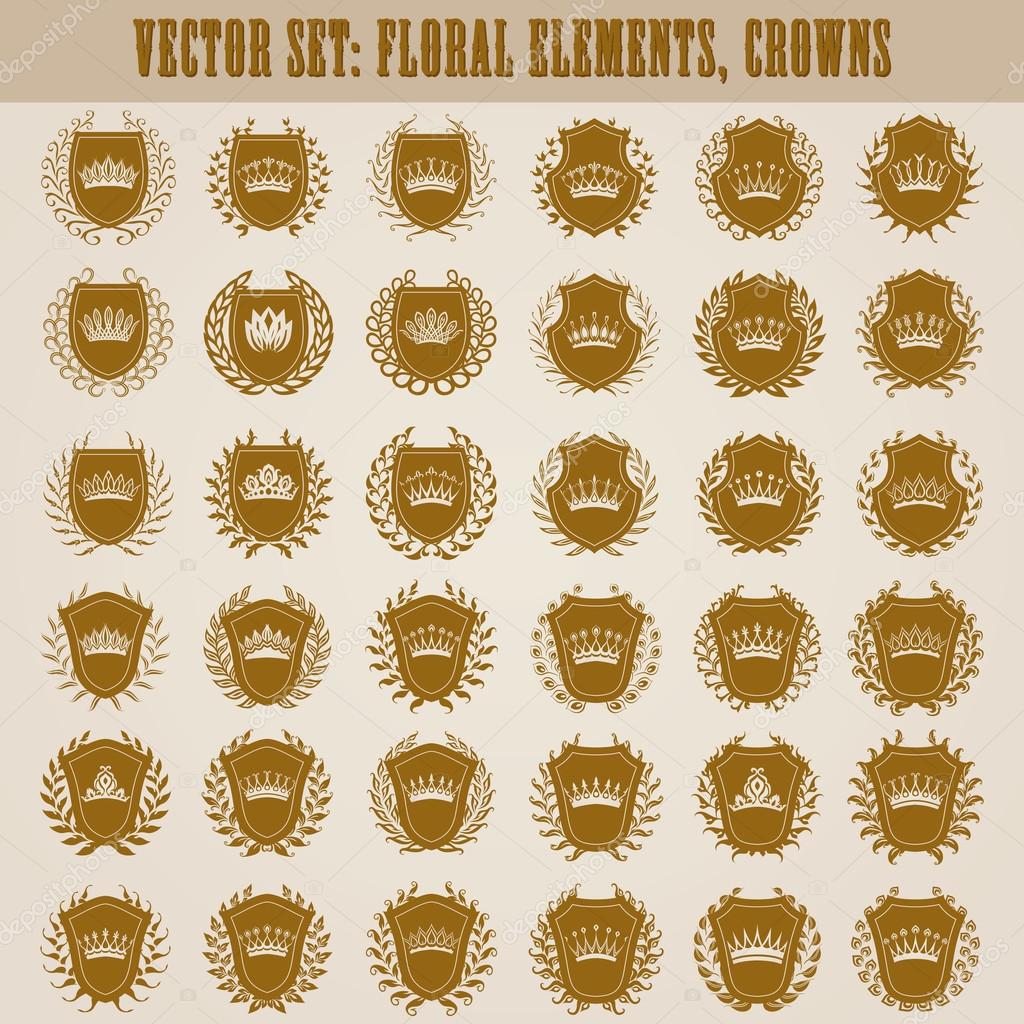 Set of luxury golden vector shields with laurel wreaths, crowns. Royal heraldic element, emblem, icon, symbol, label, badge, blazon for web, page design. Vector illustration