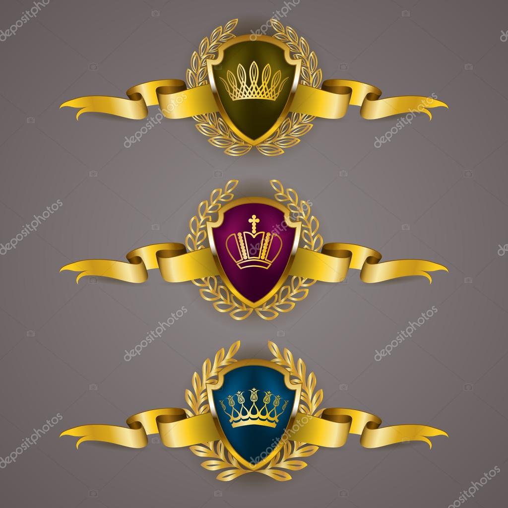 Set of luxury golden vector shields with laurel wreaths, crowns, ribbons. Royal heraldic emblem, icons, label, badge, blazon, monogram for web, page design. Vector illustration EPS 10